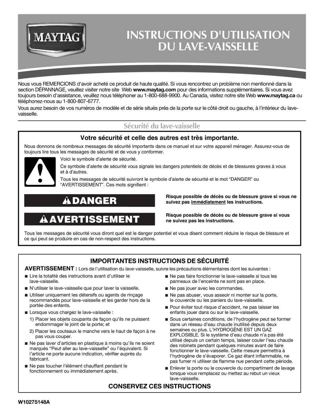 Maytag W10275148A, W10275149A Sécurité du lave-vaisselle, Importantes Instructions DE Sécurité, Conservez CES Instructions 