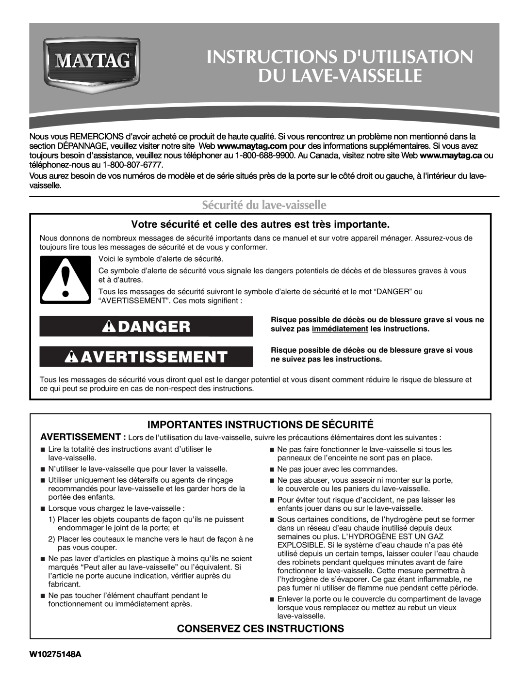 Maytag W10275148A Instructions Dutilisation Du Lave-Vaisselle, Danger Avertissement, Sécurité du lave-vaisselle 