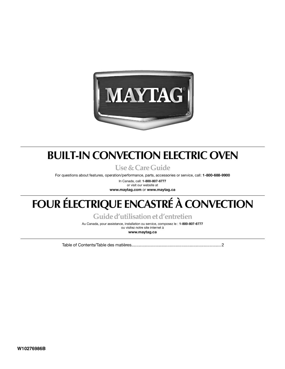 Maytag W10276986B manual BUILT-IN Convection Electric Oven 