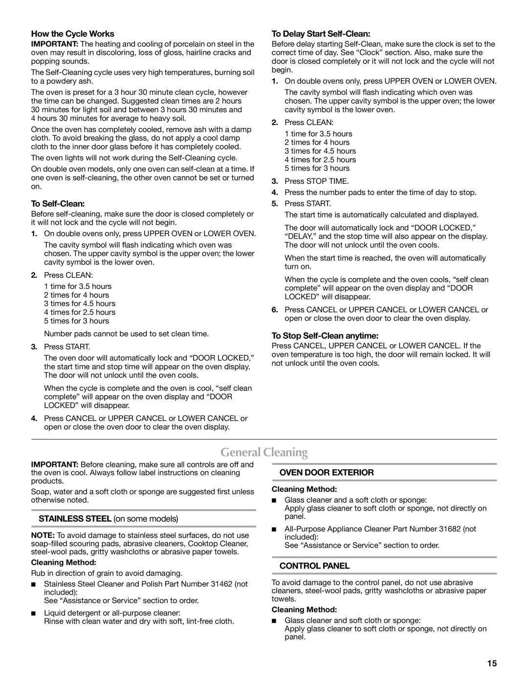 Maytag W10276986B manual General Cleaning, Oven Door Exterior, Control Panel 