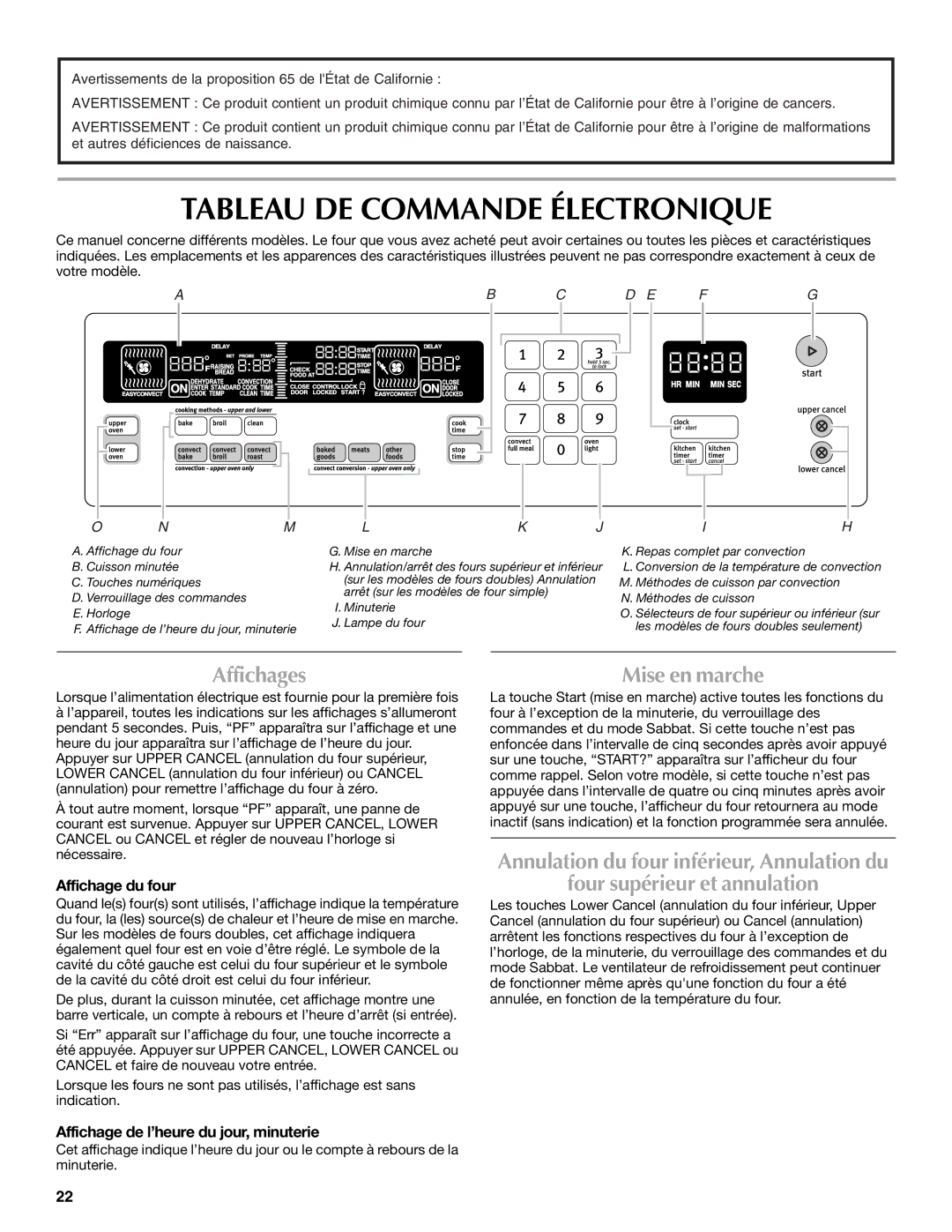 Maytag W10276986B manual Tableau DE Commande Électronique, Affichages, Mise en marche, Four supérieur et annulation 