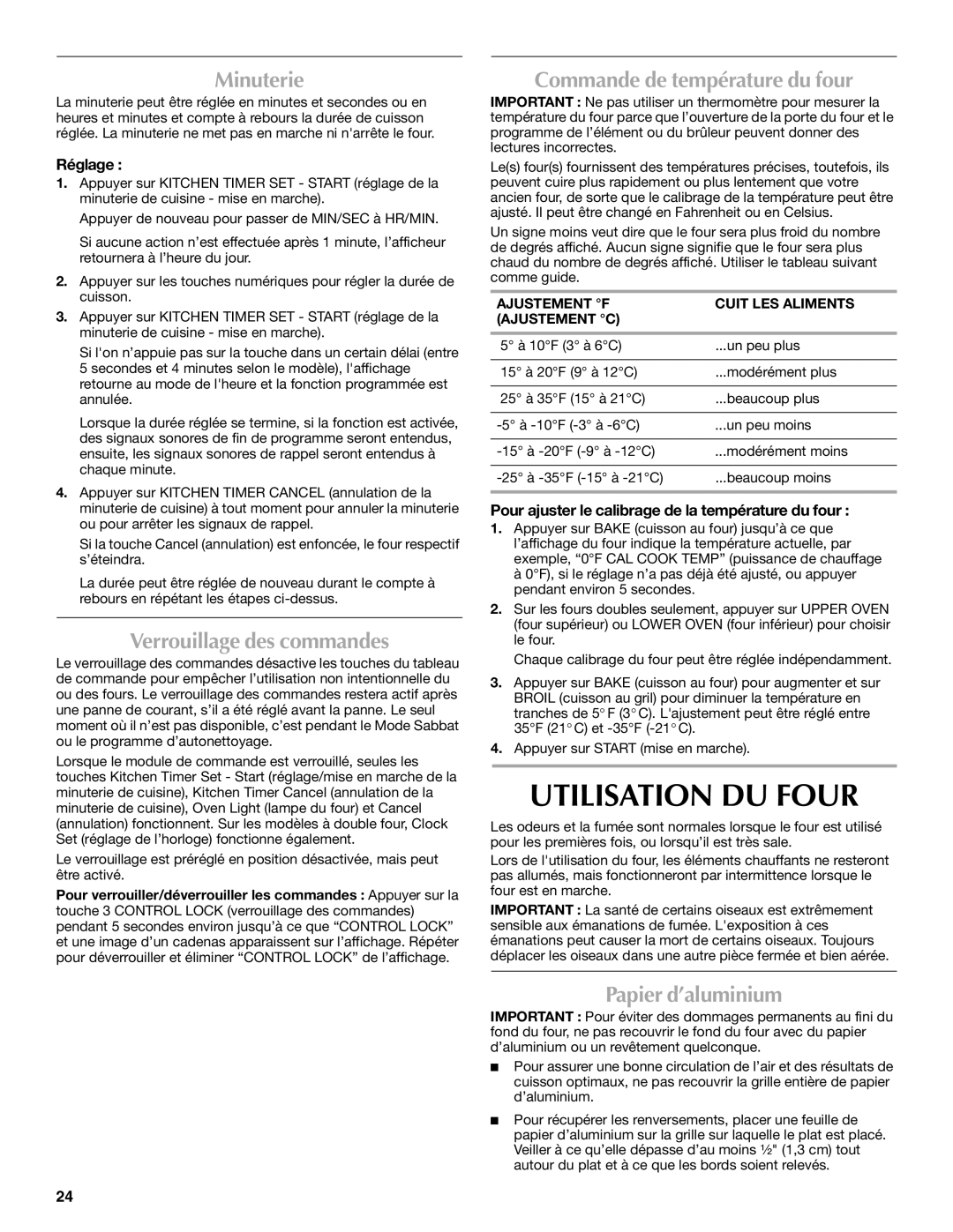 Maytag W10276986B manual Utilisation DU Four, Minuterie, Verrouillage des commandes, Commande de température du four 