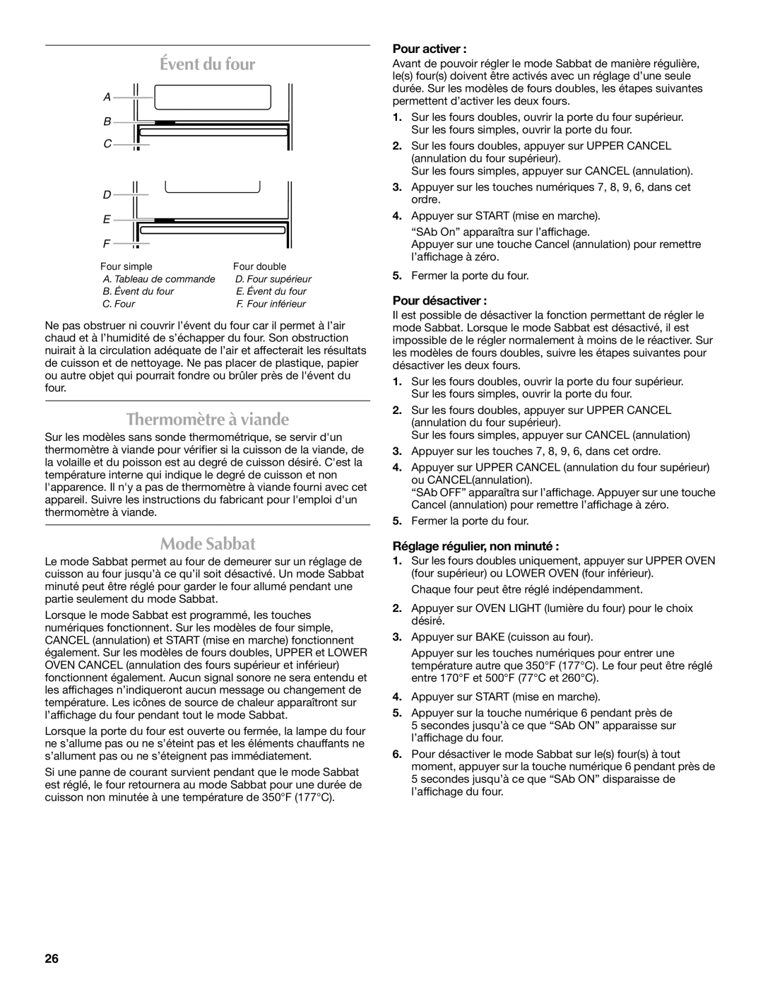 Maytag W10276986B manual Évent du four, Thermomètre à viande, Mode Sabbat 