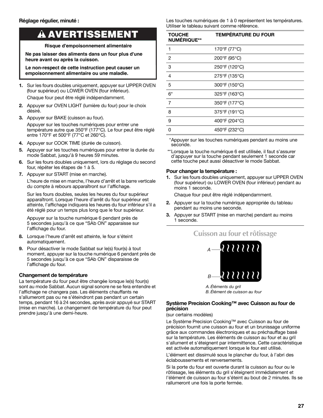 Maytag W10276986B manual Cuisson au four et rôtissage, Réglage régulier, minuté, Changement de température 