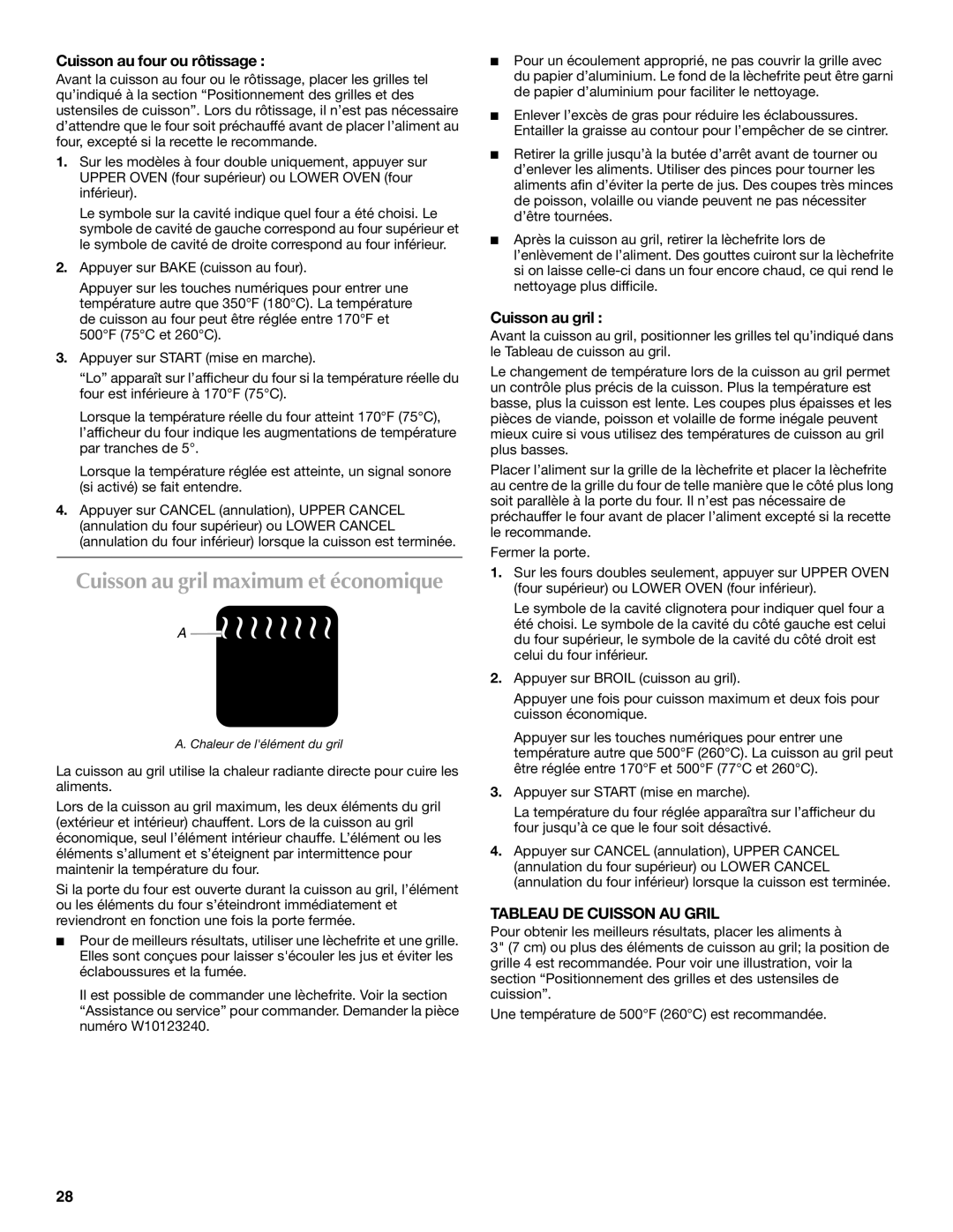 Maytag W10276986B manual Cuisson au four ou rôtissage, Cuisson au gril, Tableau DE Cuisson AU Gril 