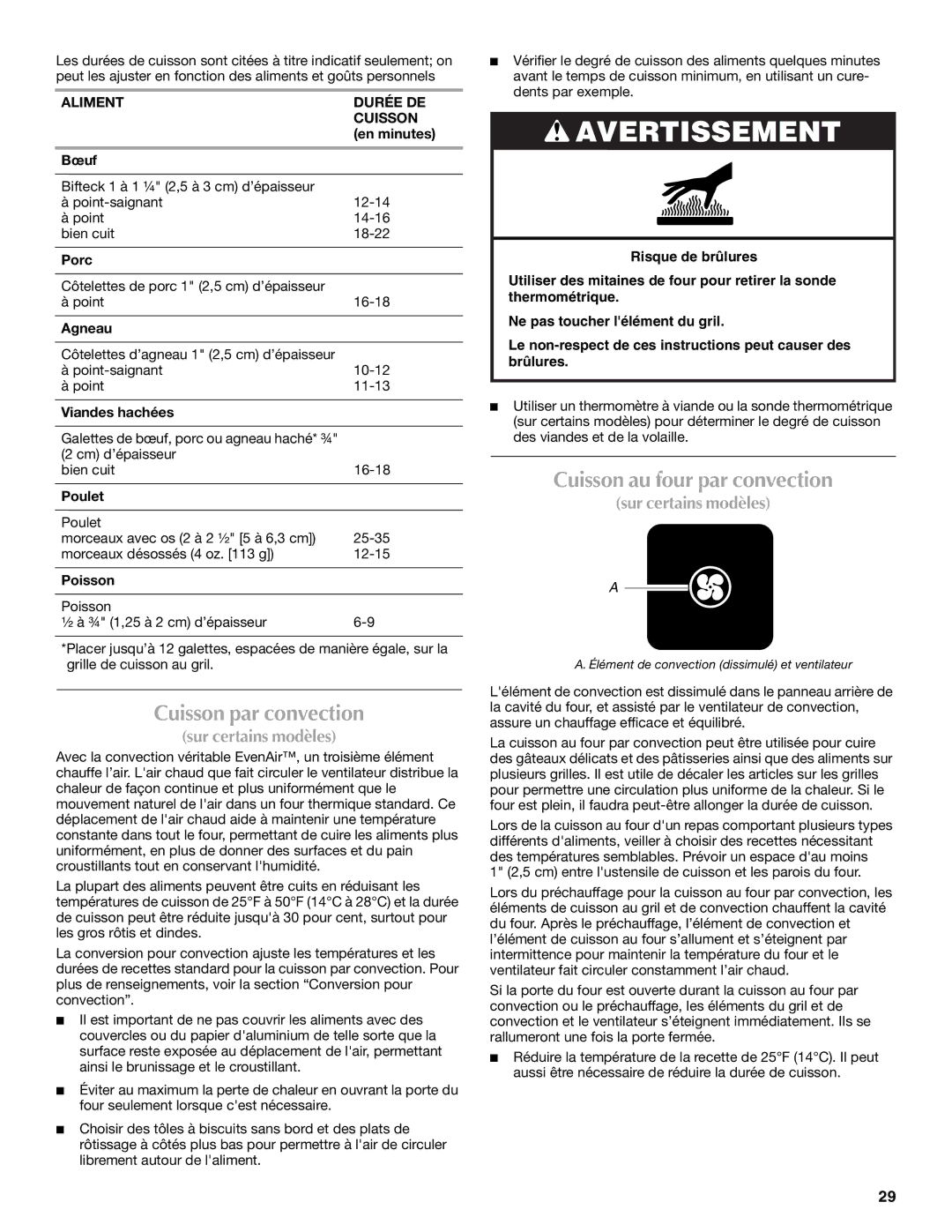 Maytag W10276986B manual Cuisson par convection, Cuisson au four par convection, Aliment Durée DE Cuisson 