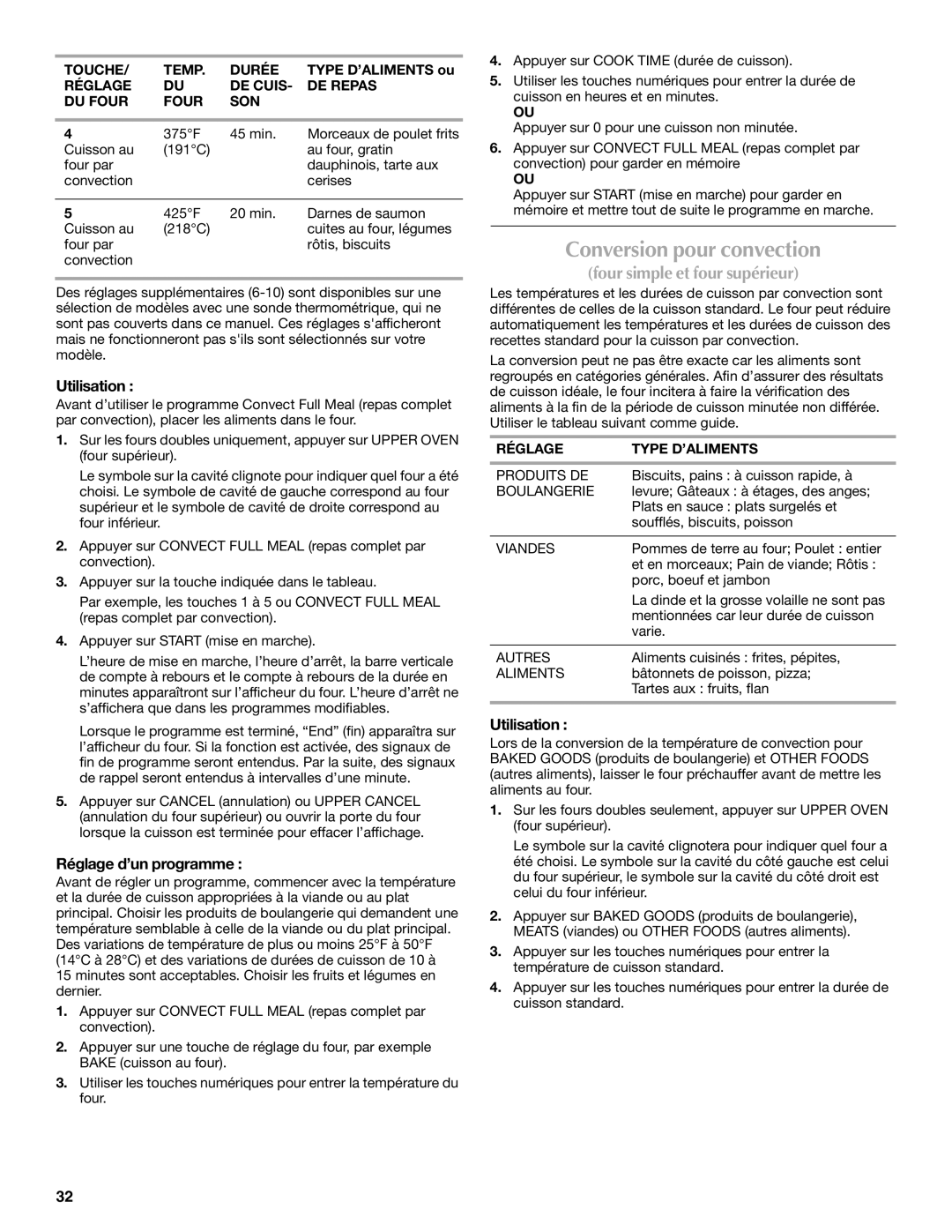 Maytag W10276986B manual Conversion pour convection, Utilisation, Réglage d’un programme, Réglage Type D’ALIMENTS 