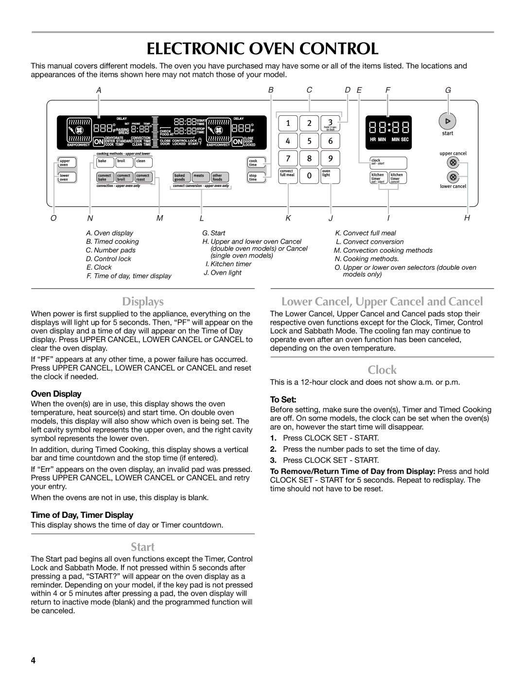 Maytag W10276986B manual Electronic Oven Control, Displays, Start, Lower Cancel, Upper Cancel and Cancel, Clock 