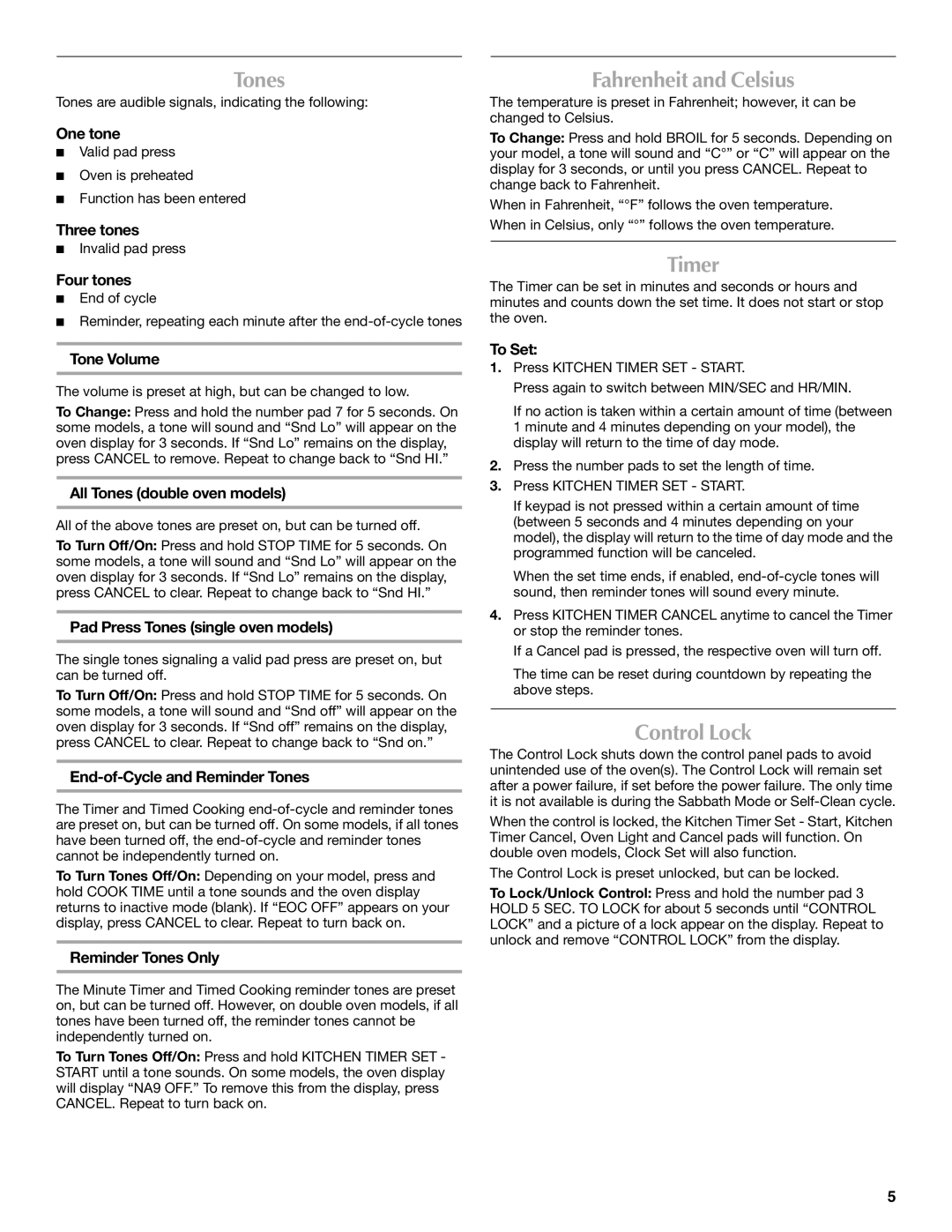 Maytag W10276986B manual Tones, Fahrenheit and Celsius, Timer, Control Lock 