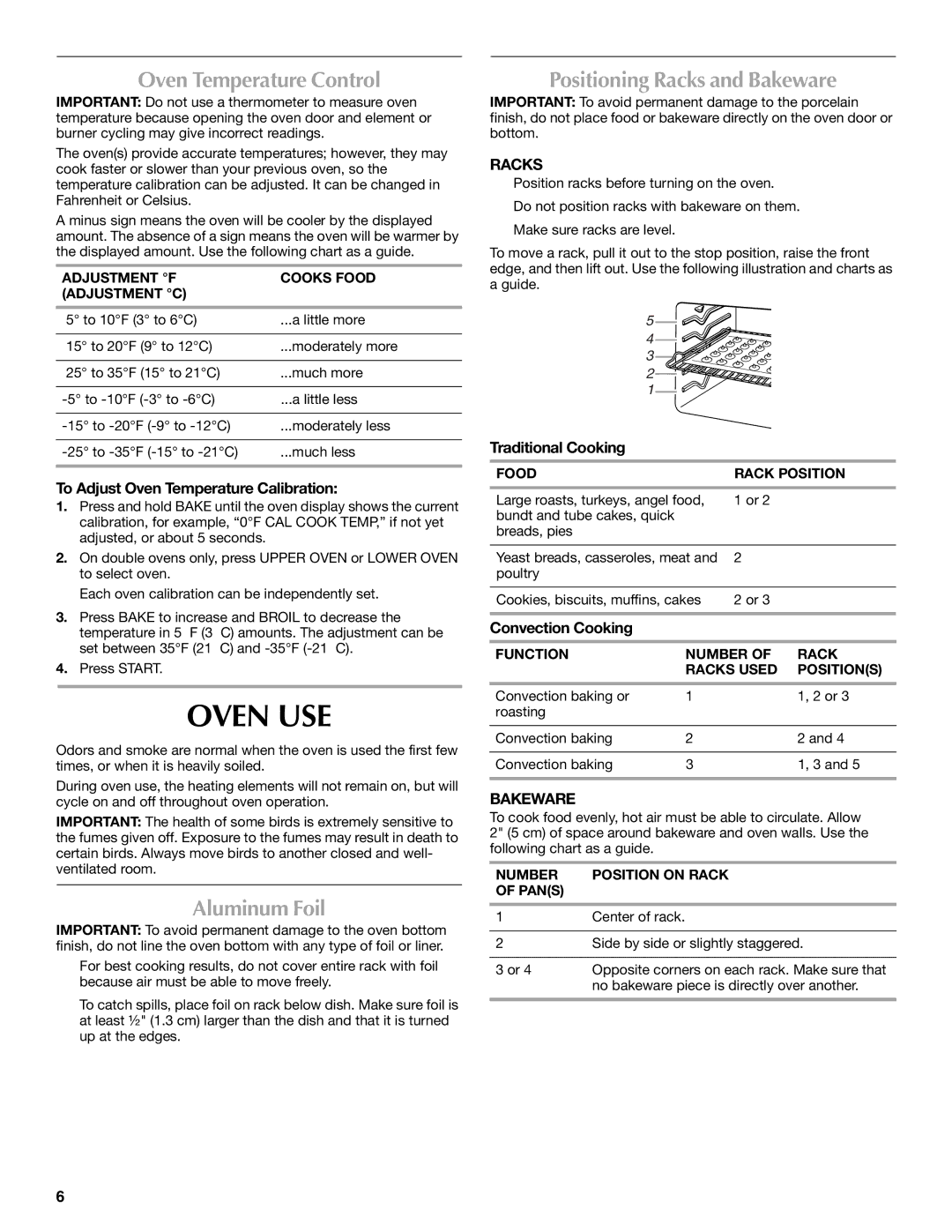 Maytag W10276986B manual Oven USE, Oven Temperature Control, Aluminum Foil, Positioning Racks and Bakeware 