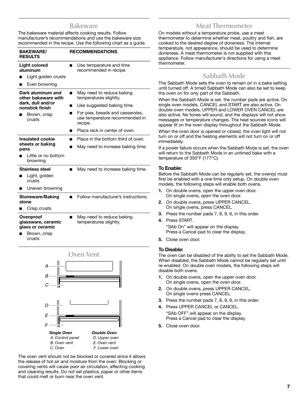 Maytag W10276986B manual Bakeware, Oven Vent, Meat Thermometer, Sabbath Mode 