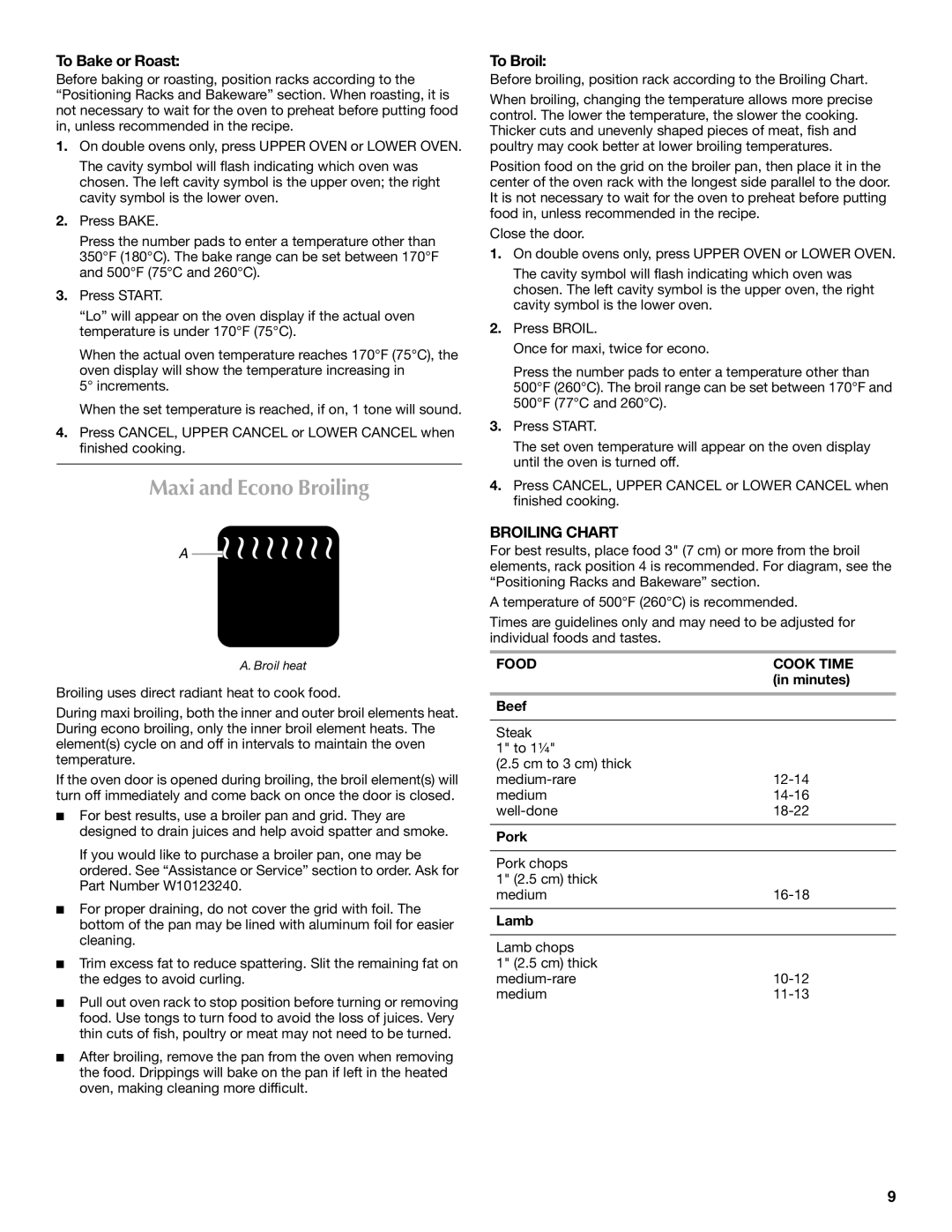 Maytag W10276986B manual Maxi and Econo Broiling, To Bake or Roast, To Broil, Broiling Chart, Food Cook Time 