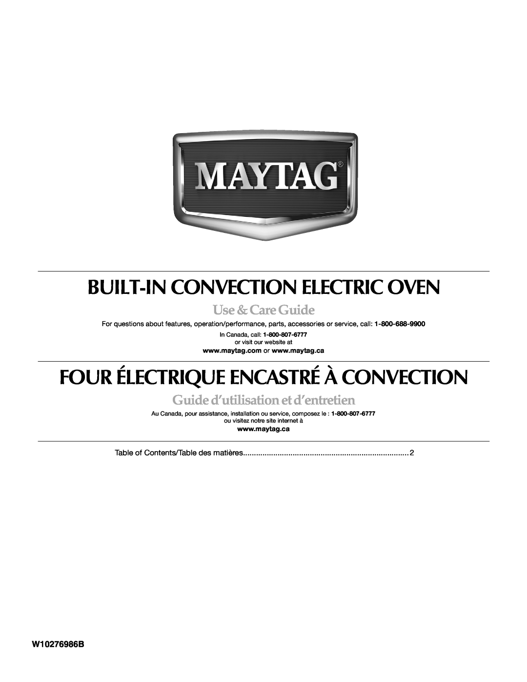 Maytag W10276986B manual Use & Care Guide, Guide d’utilisation et d’entretien, Built-Inconvection Electric Oven 