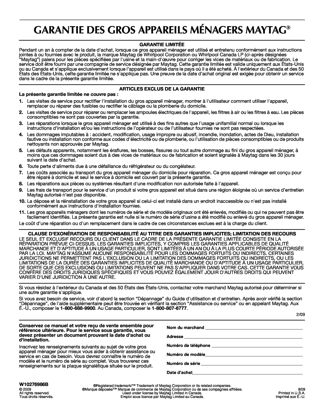 Maytag W10276986B manual Garantie Des Gros Appareils Ménagers Maytag, Garantie Limitée, Articles Exclus De La Garantie 