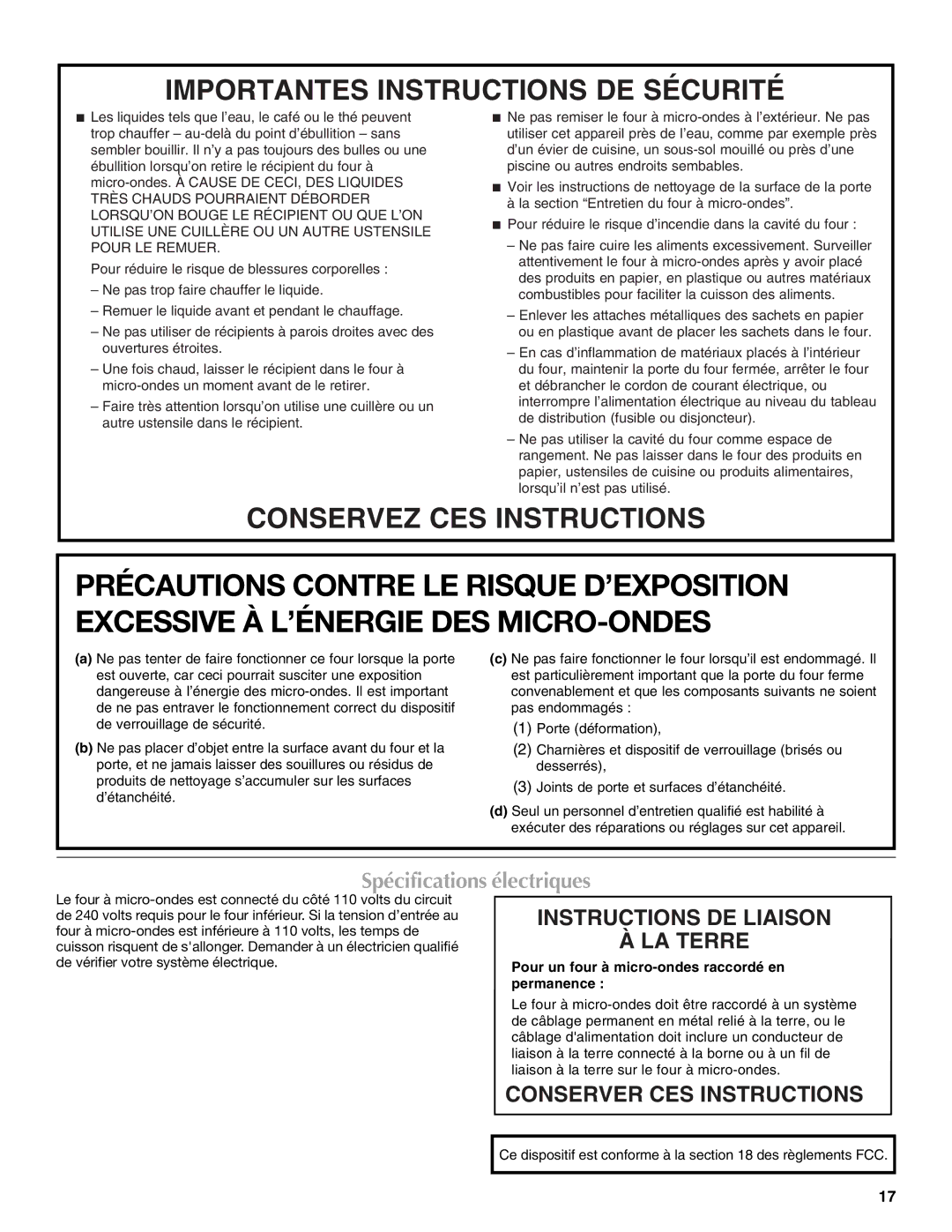 Maytag W10123240, W10276988A manual Spécifications électriques, Instructions DE Liaison LA Terre 