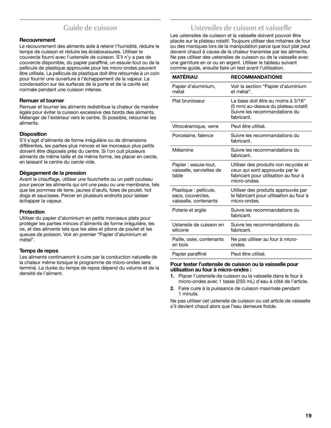 Maytag W10123240, W10276988A manual Guide de cuisson, Ustensiles de cuisson et vaisselle 
