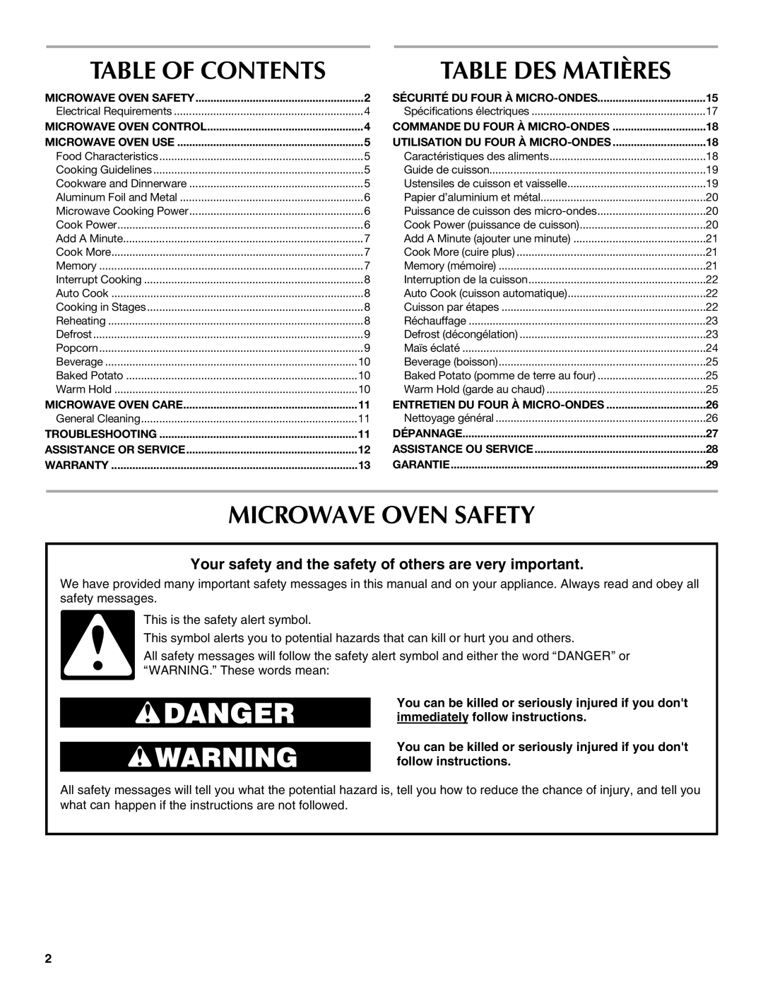 Maytag W10276988A, W10123240 manual Table DES Matières, Microwave Oven Safety Sécurité DU Four À MICRO-ONDES 