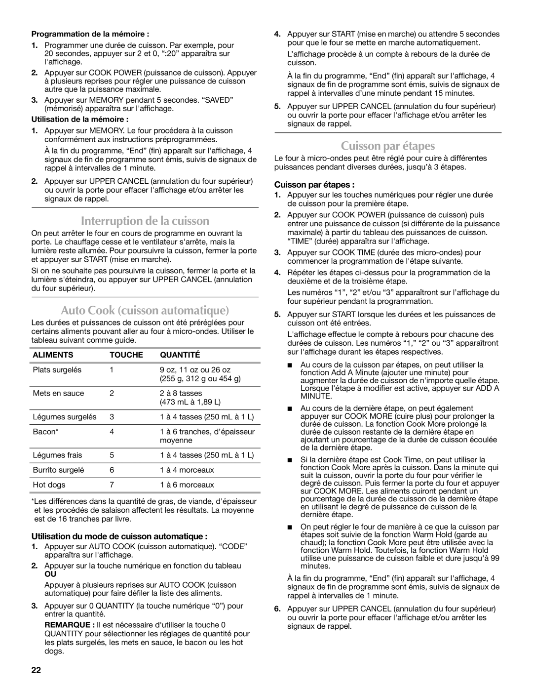 Maytag W10276988A, W10123240 manual Interruption de la cuisson, Auto Cook cuisson automatique, Cuisson par étapes 