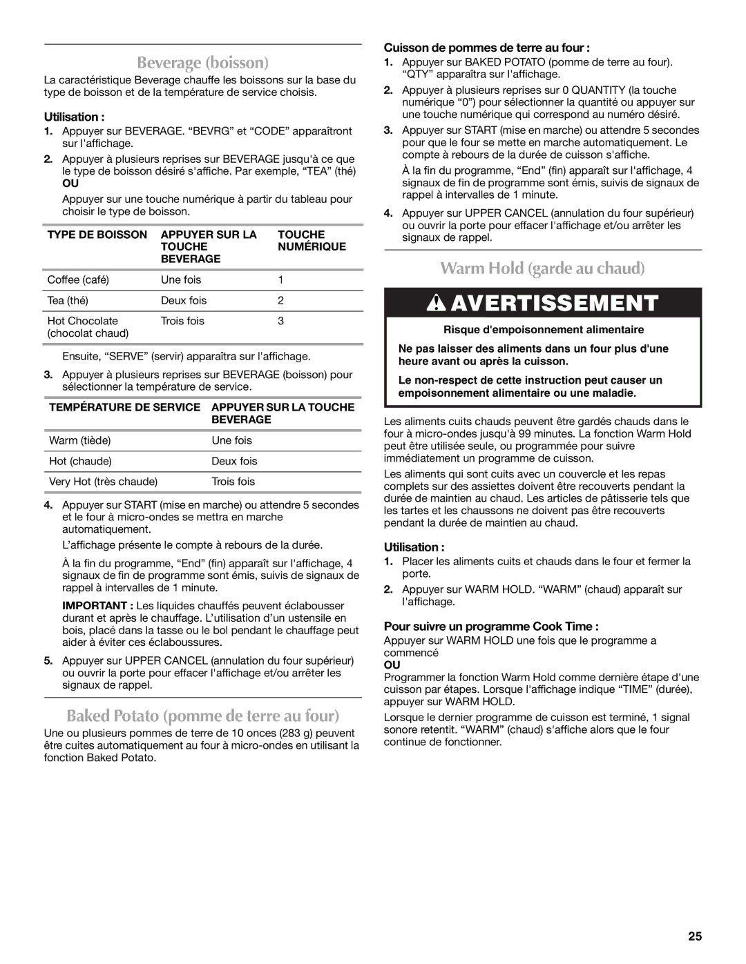 Maytag W10123240, W10276988A manual Beverage boisson, Warm Hold garde au chaud, Cuisson de pommes de terre au four 