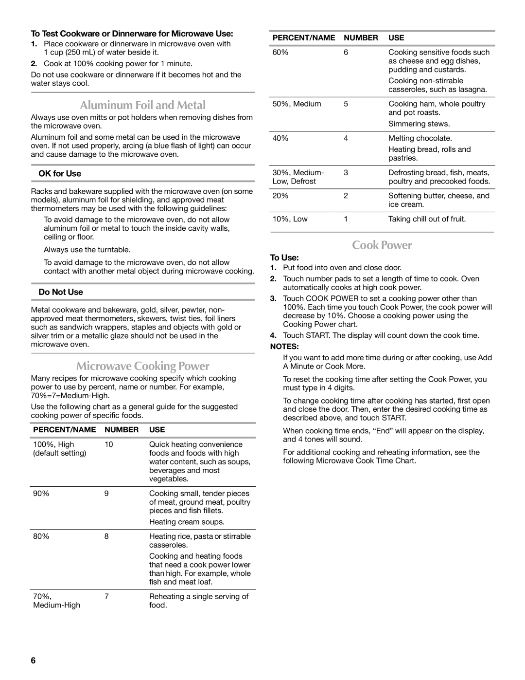 Maytag W10276988A, W10123240 manual Aluminum Foil and Metal, Microwave Cooking Power, Cook Power 