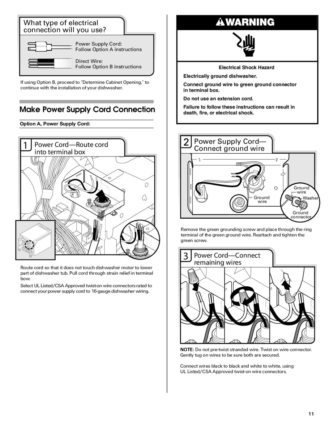 Maytag W10282553A installation instructions Make Power Supply Cord Connection, Power Cord-Route cord into terminal box 