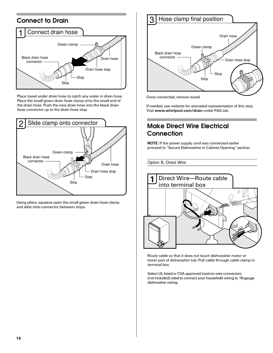 Maytag W10282553A Connect to Drain, Make Direct Wire Electrical Connection, Hose clamp final position Connect drain hose 