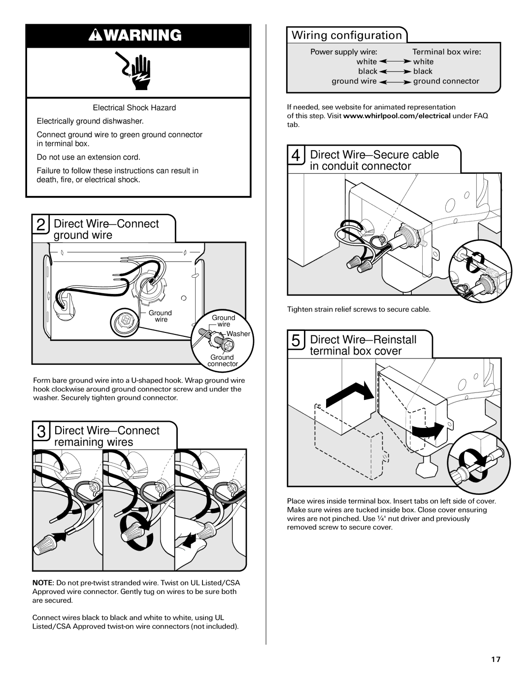 Maytag W10282553A installation instructions Direct Wire-Connect ground wire, Direct Wire-Connect remaining wires 