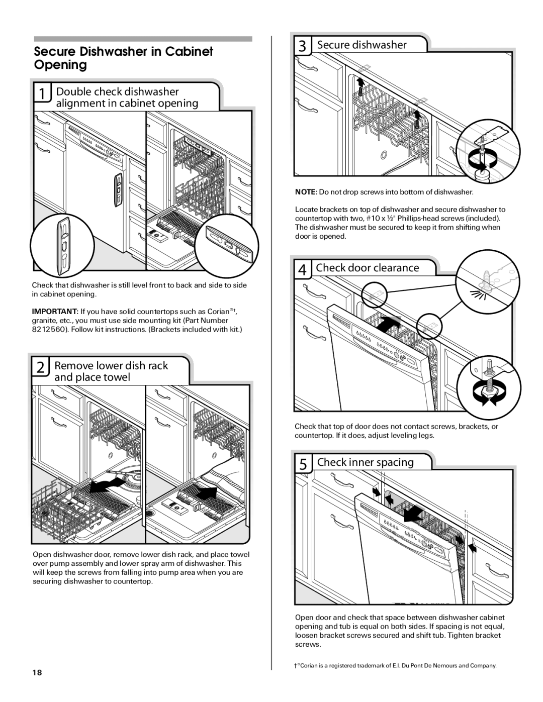 Maytag W10282553A installation instructions Secure Dishwasher in Cabinet Opening 