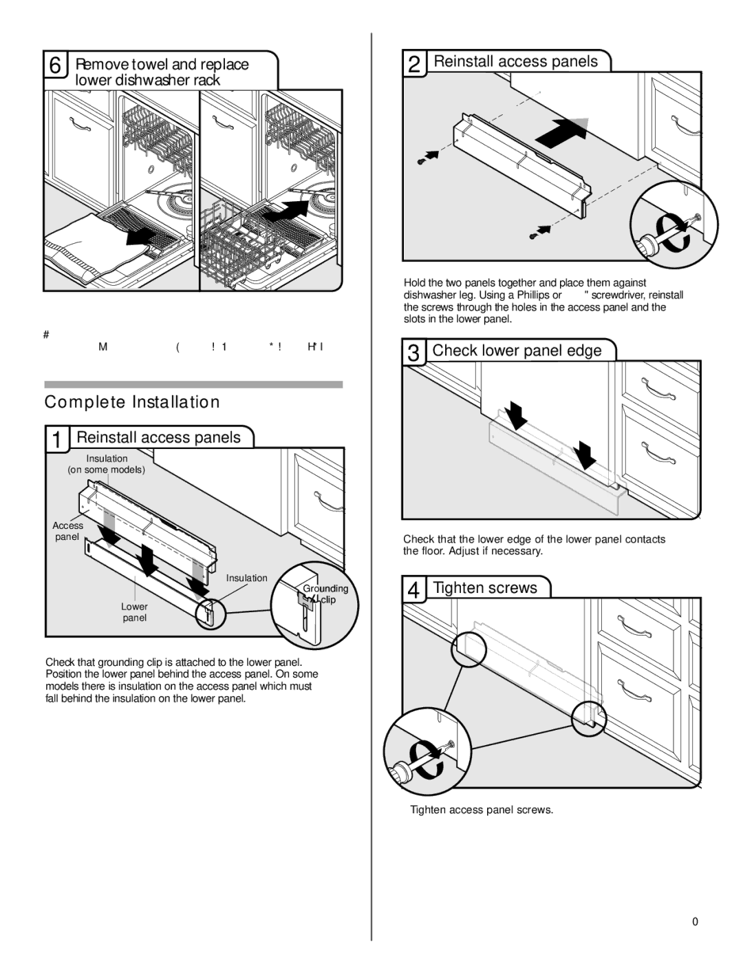 Maytag W10282553A Complete Installation, Remove towel and replace lower dishwasher rack, Reinstall access panels 