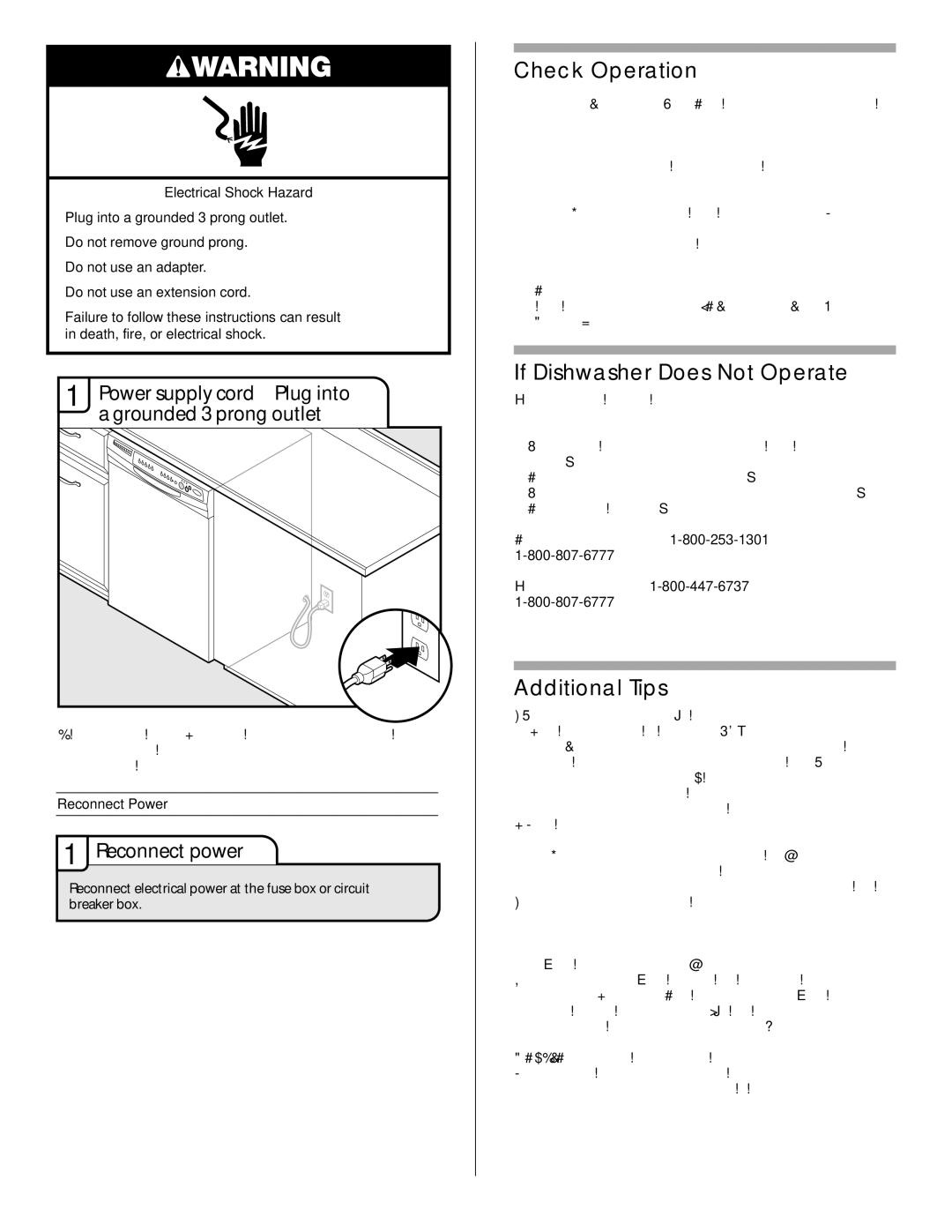 Maytag W10282553A Check Operation, If Dishwasher Does Not Operate, Additional Tips, Reconnect power 