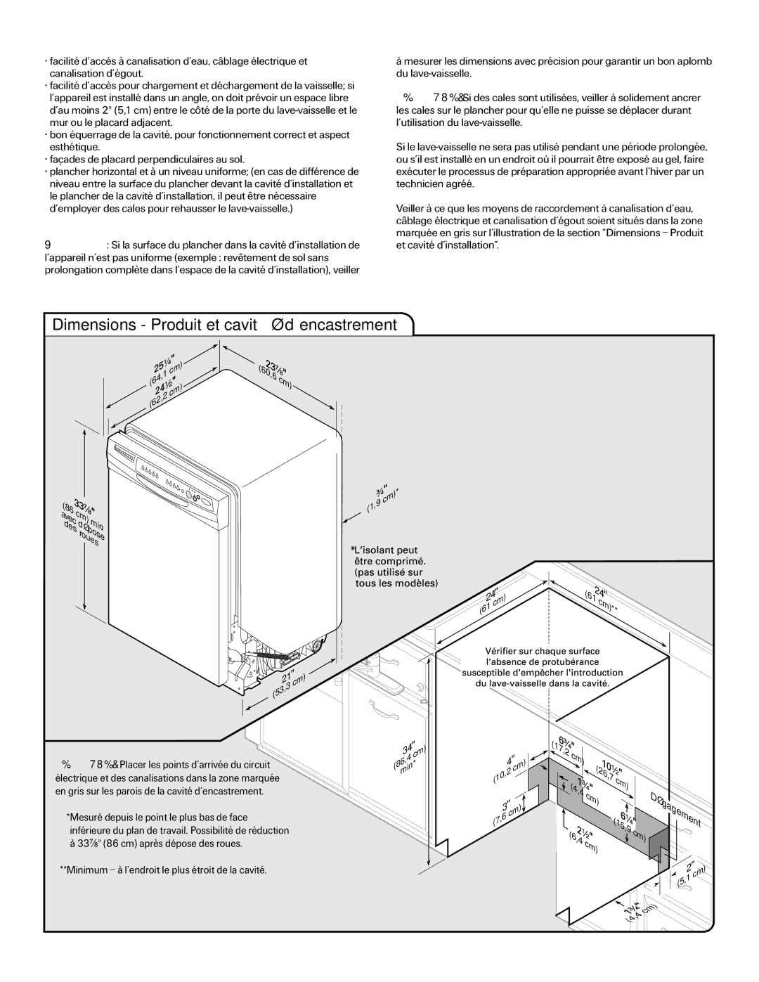 Maytag W10282553A Dimensions Produit et cavité d’encastrement, En gris sur les parois de la cavité d’encastrement 