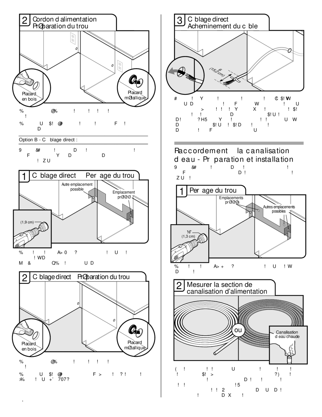 Maytag W10282553A installation instructions Cordon d’alimentation Préparation du trou, Câblage direct Perçage du trou 