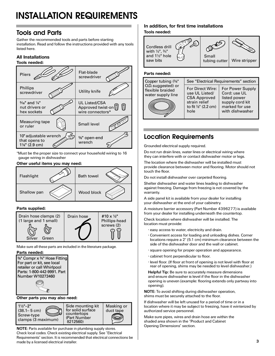 Maytag W10282553A installation instructions Tools and Parts, Location Requirements 