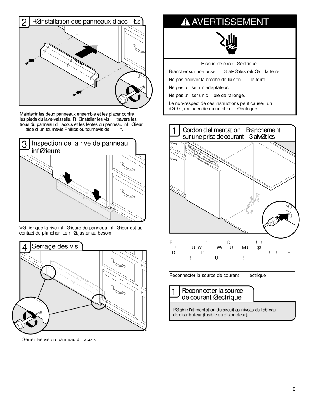 Maytag W10282553A installation instructions Inspection de la rive de panneau inférieure, Serrage des vis 