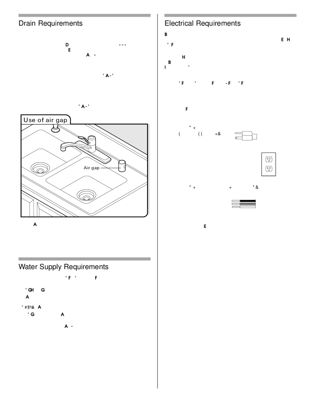 Maytag W10282553A Drain Requirements, Water Supply Requirements, Electrical Requirements, Use of air gap 