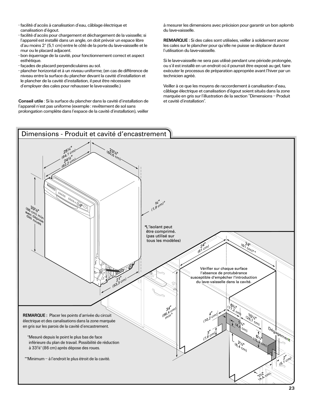 Maytag W10282553A installation instructions Dimensions - Produit et cavité d’encastrement, 60,6, pose, roues, 26,7 