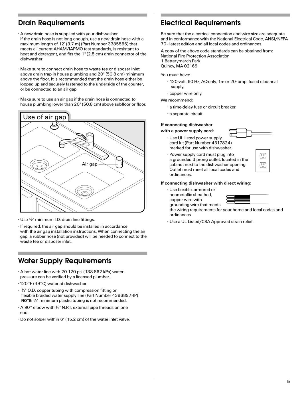 Maytag W10282553A Drain Requirements, Water Supply Requirements, Electrical Requirements, Use of air gap 