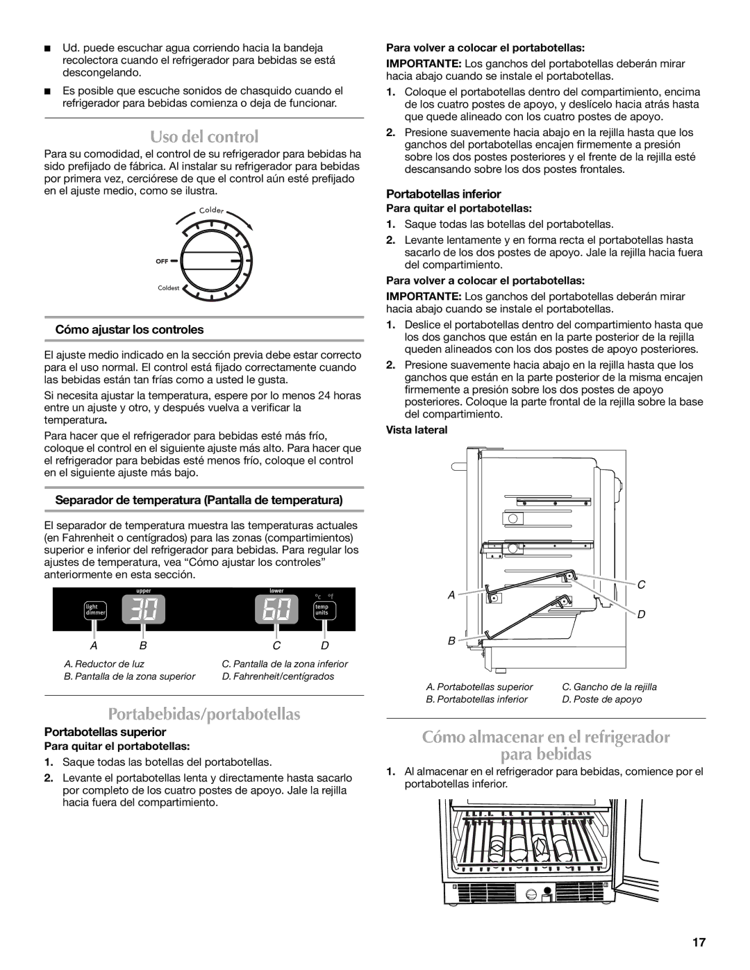 Maytag W10285880A - 8336411962010 manual Uso del control, Portabebidas/portabotellas 