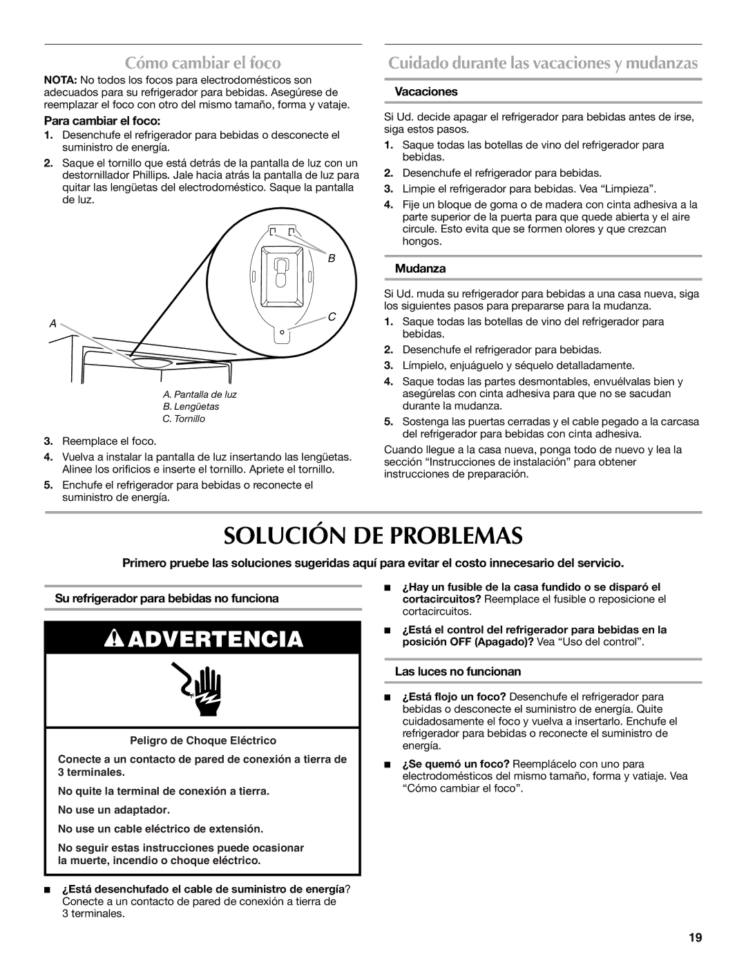 Maytag W10285880A - 8336411962010 manual Solución DE Problemas, Cómo cambiar el foco 