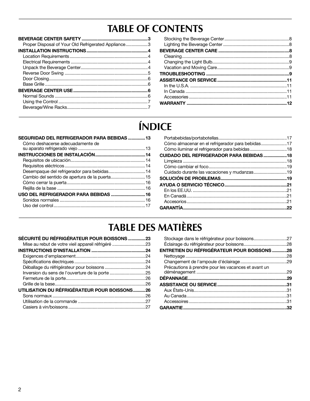 Maytag W10285880A - 8336411962010 manual Table of Contents, Índice, Table DES Matières 