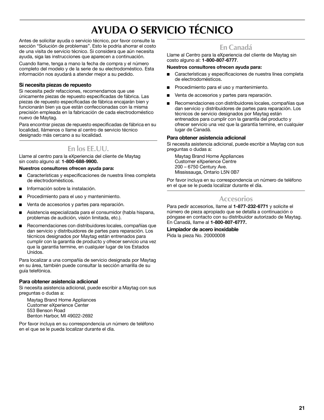 Maytag W10285880A - 8336411962010 manual Ayuda O Servicio Técnico, En Canadá, En los EE.UU, Accesorios 