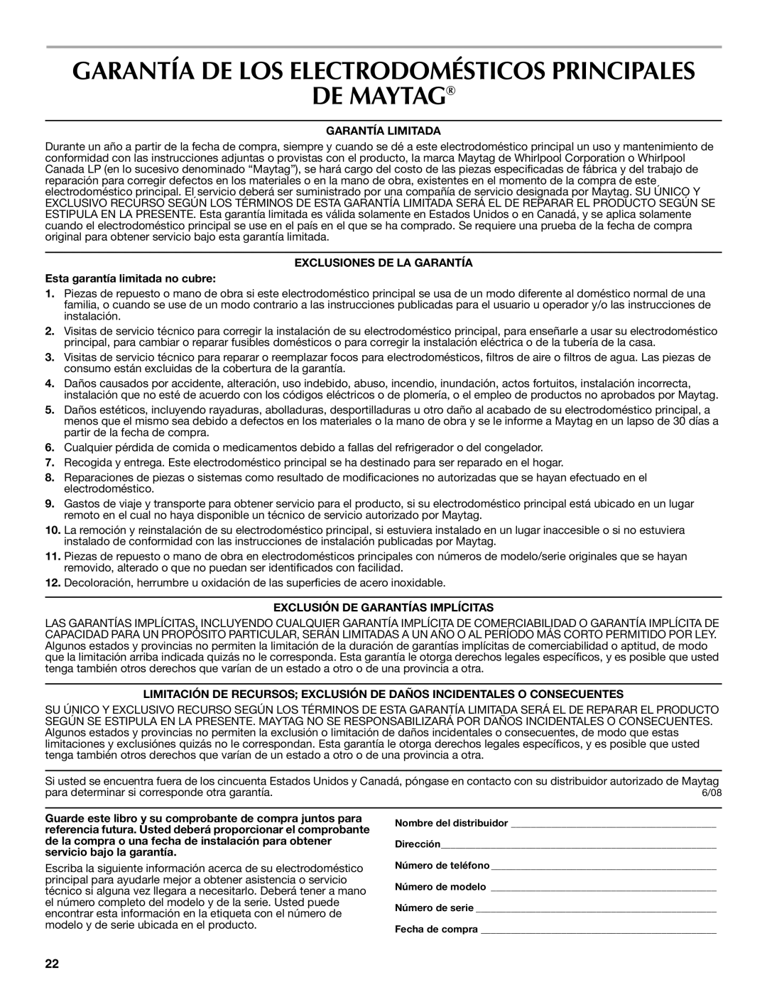 Maytag W10285880A - 8336411962010 manual DE Maytag, Esta garantía limitada no cubre 