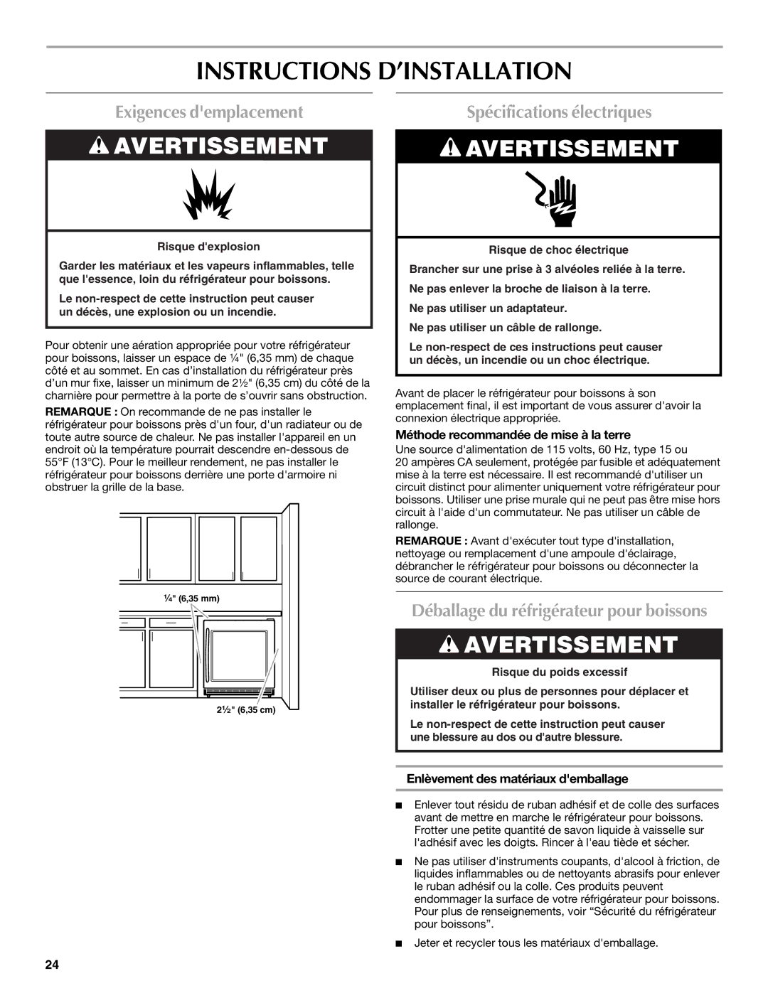 Maytag W10285880A - 8336411962010 manual Instructions D’INSTALLATION, Exigences demplacement, Spécifications électriques 