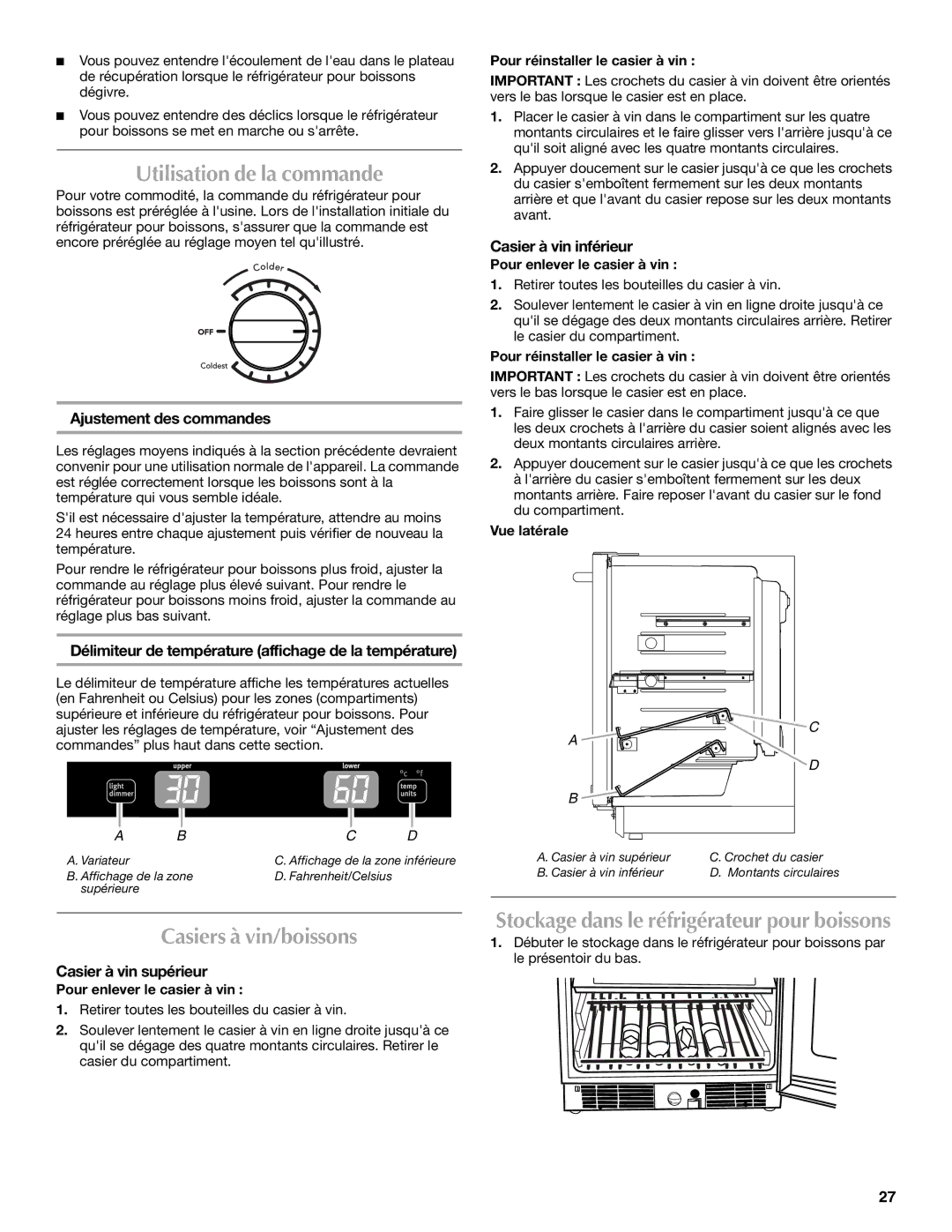 Maytag W10285880A - 8336411962010 manual Utilisation de la commande, Casiers à vin/boissons 