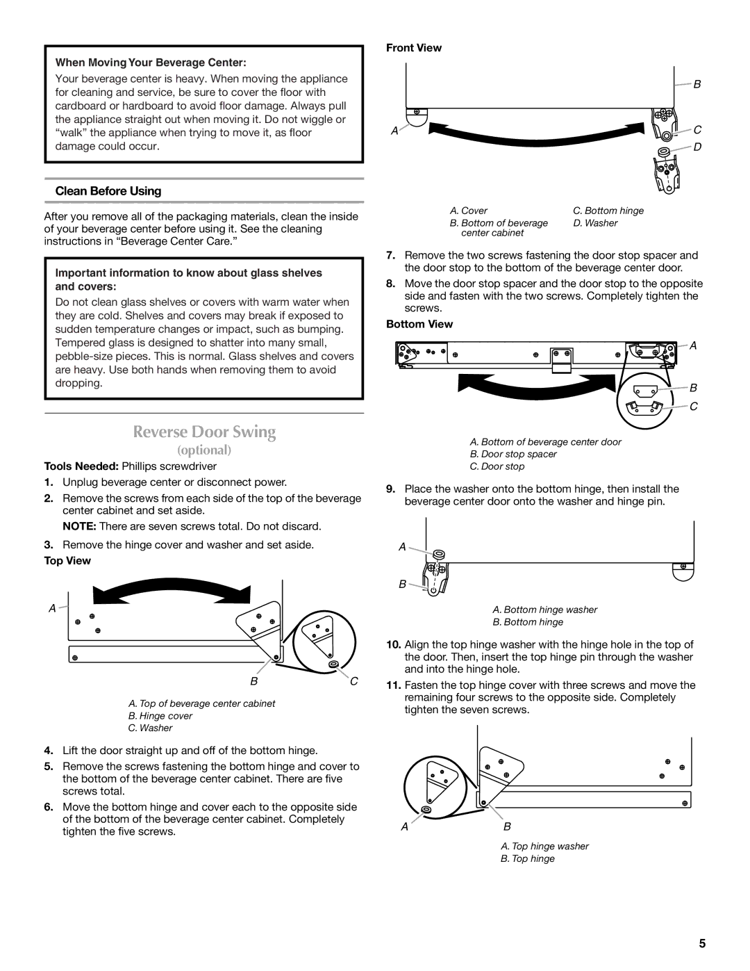 Maytag W10285880A - 8336411962010 manual Reverse Door Swing, Clean Before Using, Front View, Top View, Bottom View 