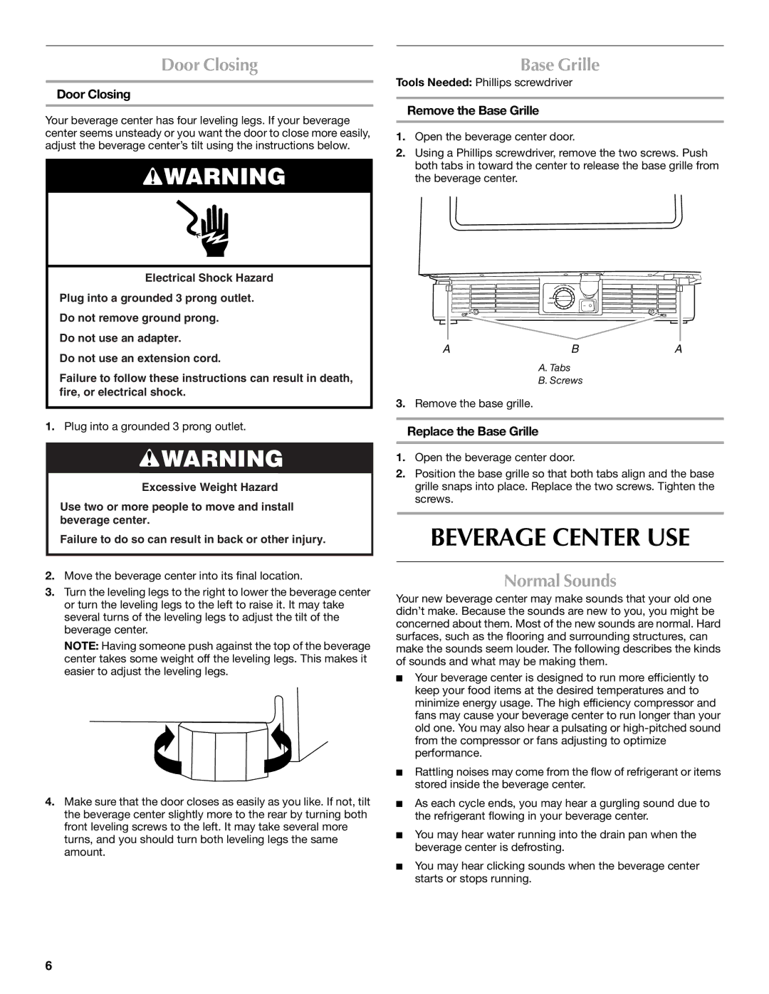 Maytag W10285880A - 8336411962010 manual Beverage Center USE, Door Closing, Base Grille, Normal Sounds 