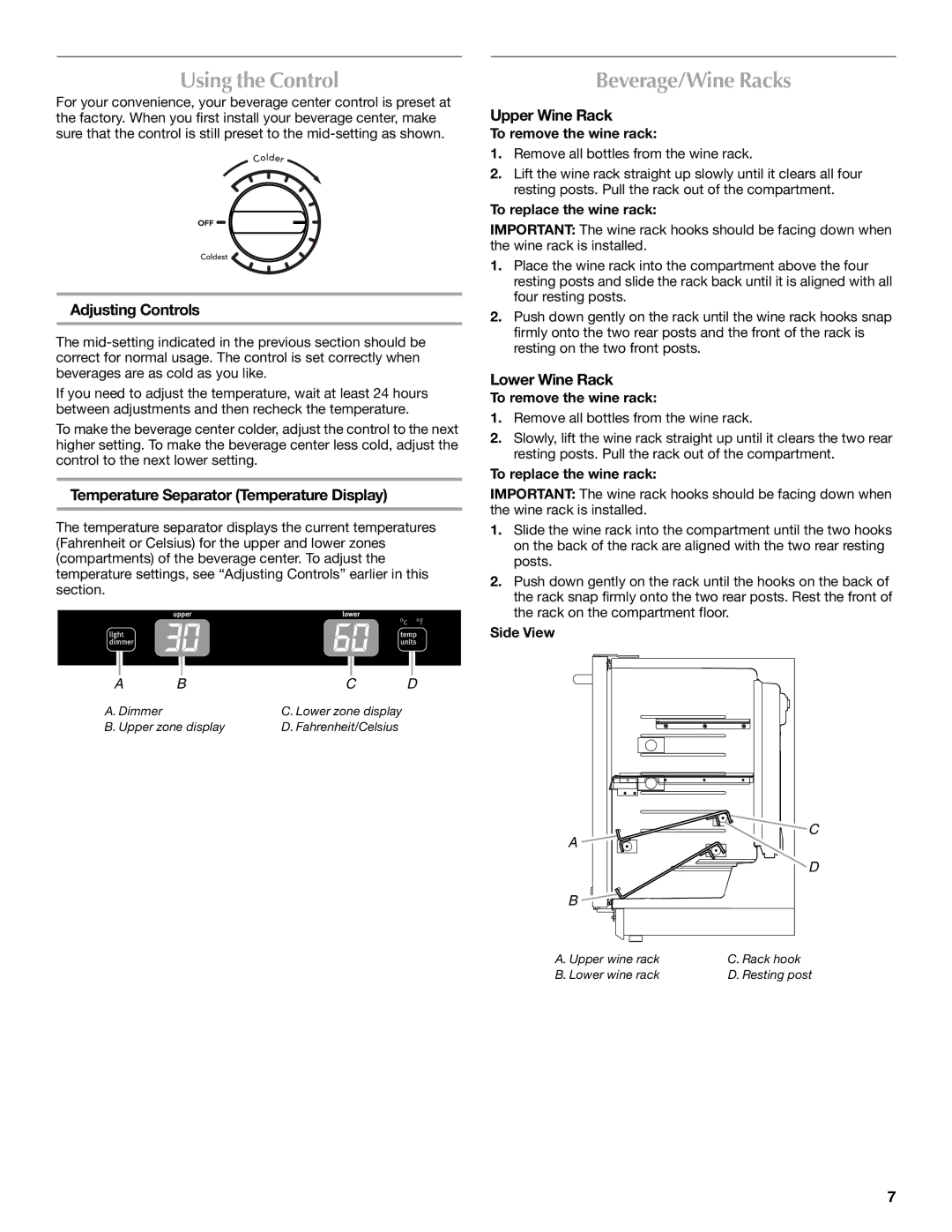 Maytag W10285880A - 8336411962010 manual Using the Control, Beverage/Wine Racks 