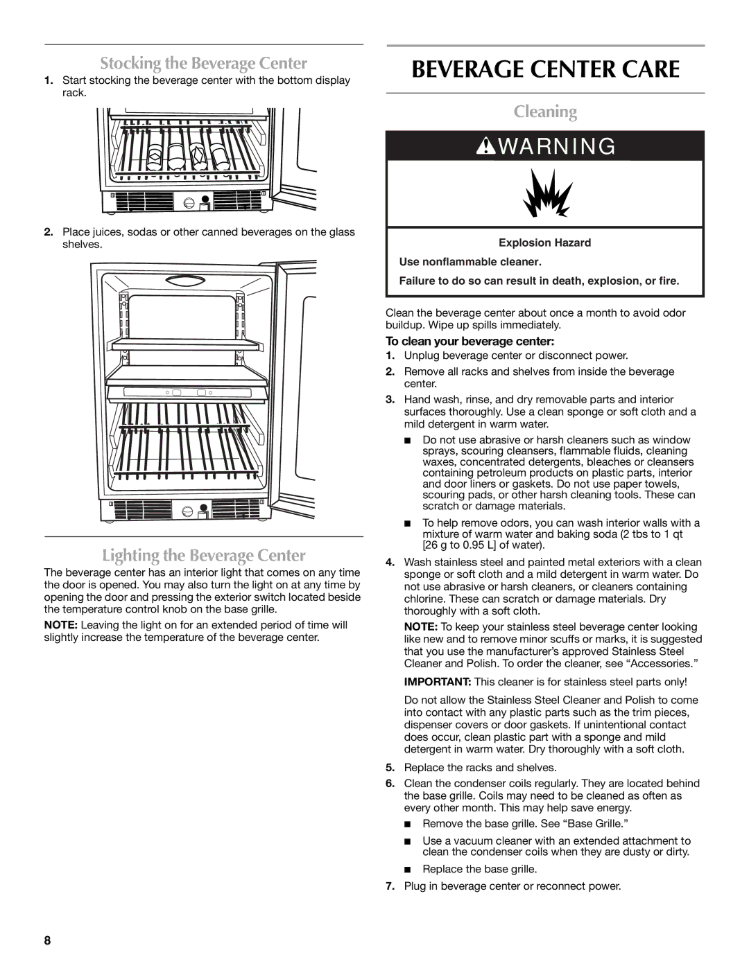 Maytag W10285880A - 8336411962010 manual Beverage Center Care, Stocking the Beverage Center, Lighting the Beverage Center 