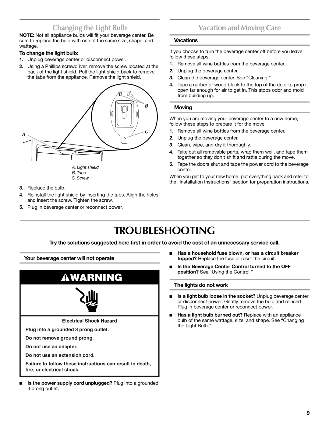 Maytag W10285880A - 8336411962010 manual Troubleshooting, Changing the Light Bulb, Vacation and Moving Care 