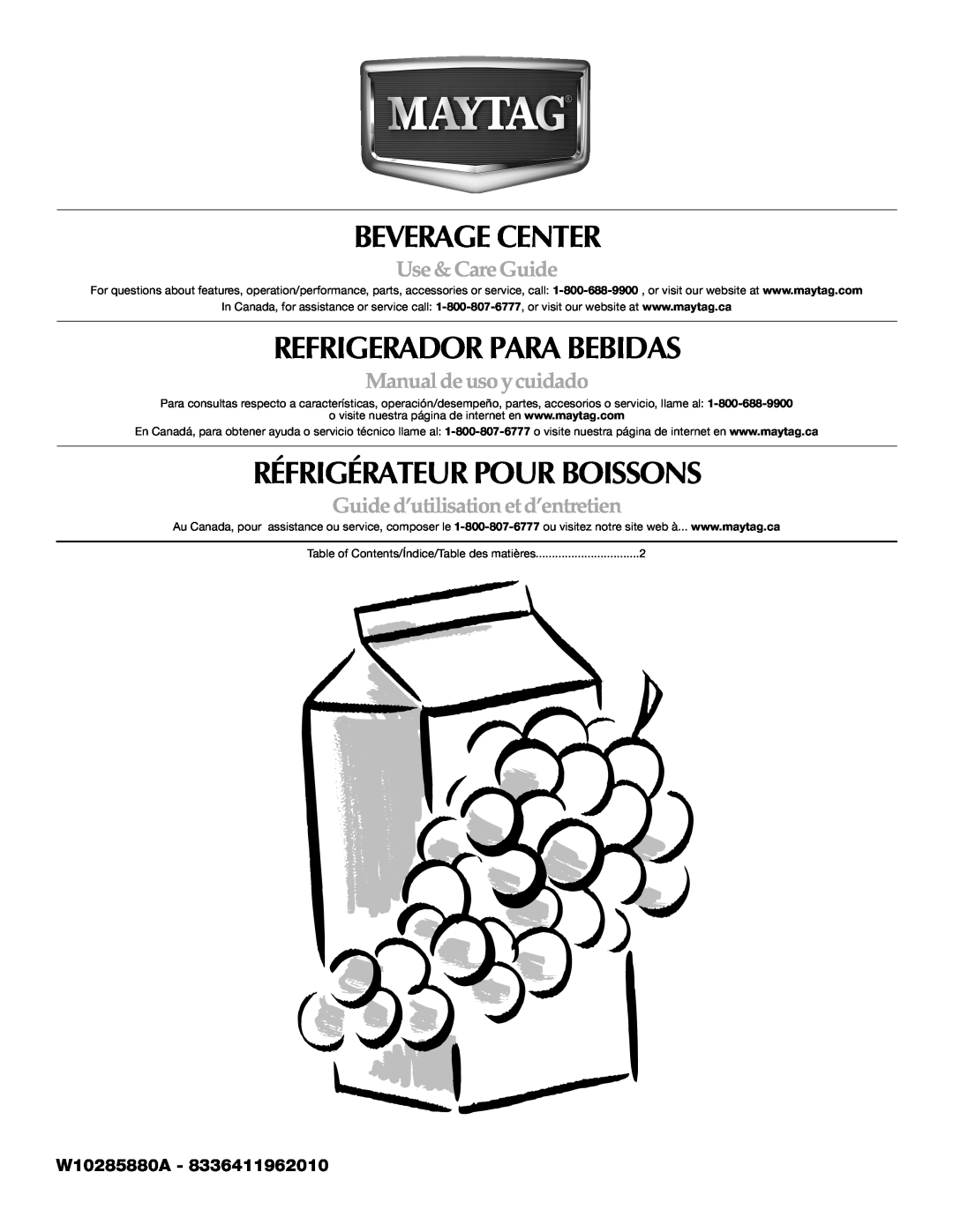 Maytag W10285880A - 8336411962010 manual Beverage Center, Refrigerador Para Bebidas, Réfrigérateur Pour Boissons 